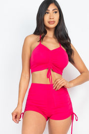 Strap Ruched Crop Top&Shorts Set