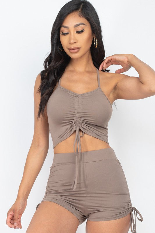 Strap Ruched Crop Top&Shorts Set