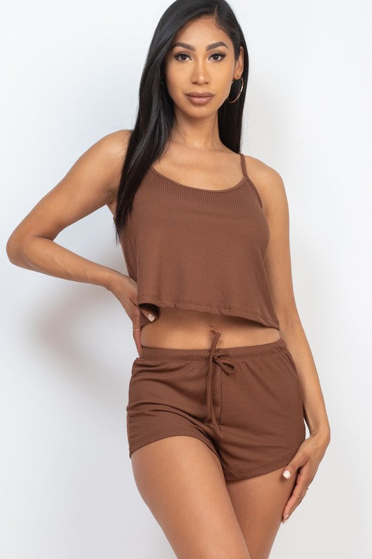 Solid Ribbed Strappy Top & Shorts Set