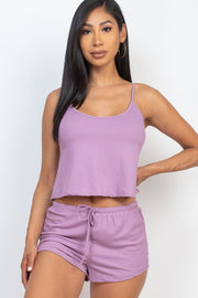 Solid Ribbed Strappy Top & Shorts Set