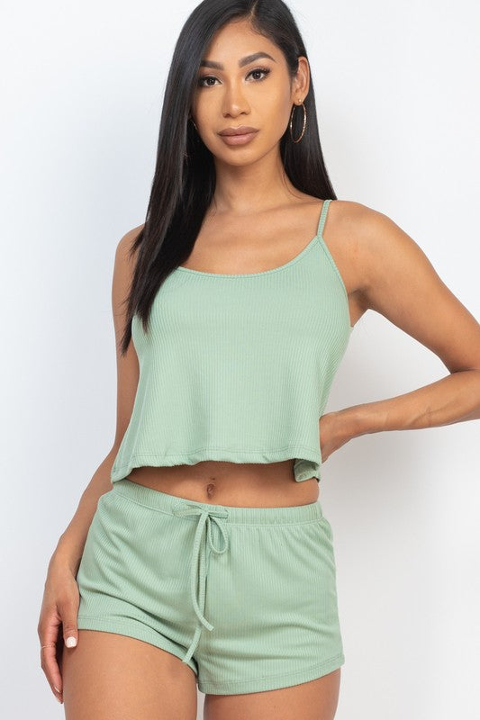 Solid Ribbed Strappy Top & Shorts Set