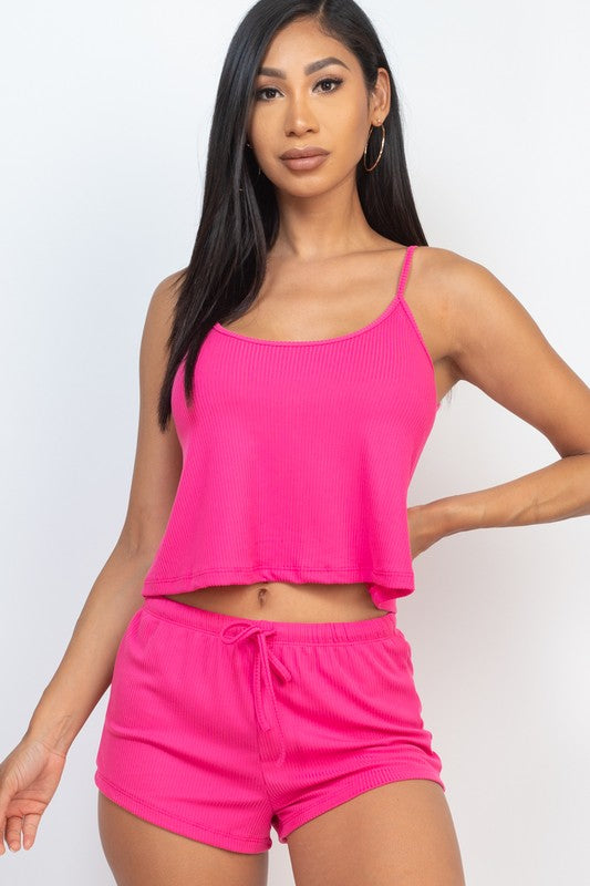 Solid Ribbed Strappy Top & Shorts Set