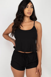 Solid Ribbed Strappy Top & Shorts Set