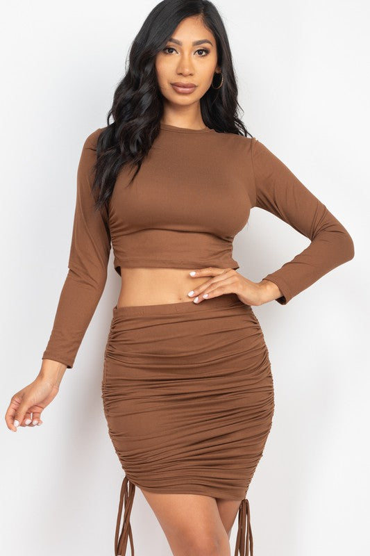 Ruched Side Crop Top and Drawstring Mini Skirt Set