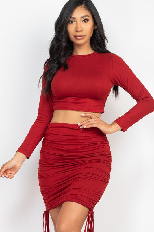 Ruched Side Crop Top and Drawstring Mini Skirt Set