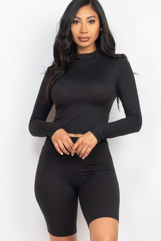 Mock Neck Long Sleeve Top & Biker Shorts Set