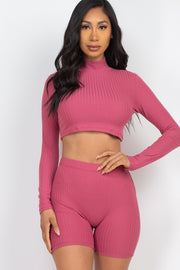 Ribbed Mock Neck Crop Top & biker Shorts Set