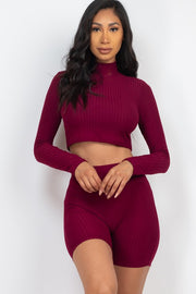 Ribbed Mock Neck Crop Top & biker Shorts Set