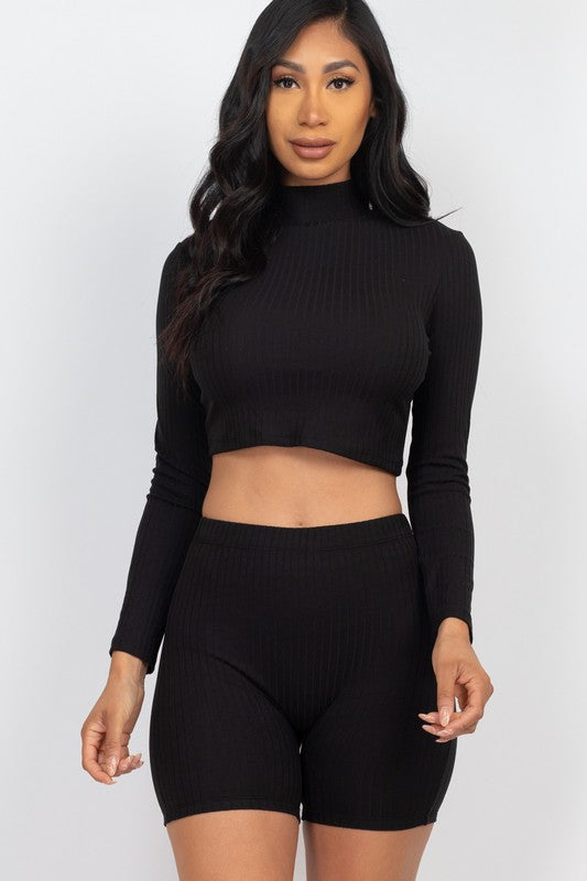 Ribbed Mock Neck Crop Top & biker Shorts Set