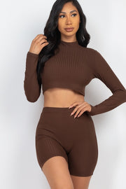 Ribbed Mock Neck Crop Top & biker Shorts Set