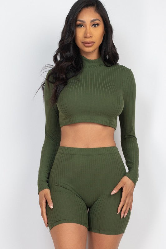 Ribbed Mock Neck Crop Top & biker Shorts Set