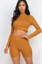 Ribbed Mock Neck Crop Top & biker Shorts Set