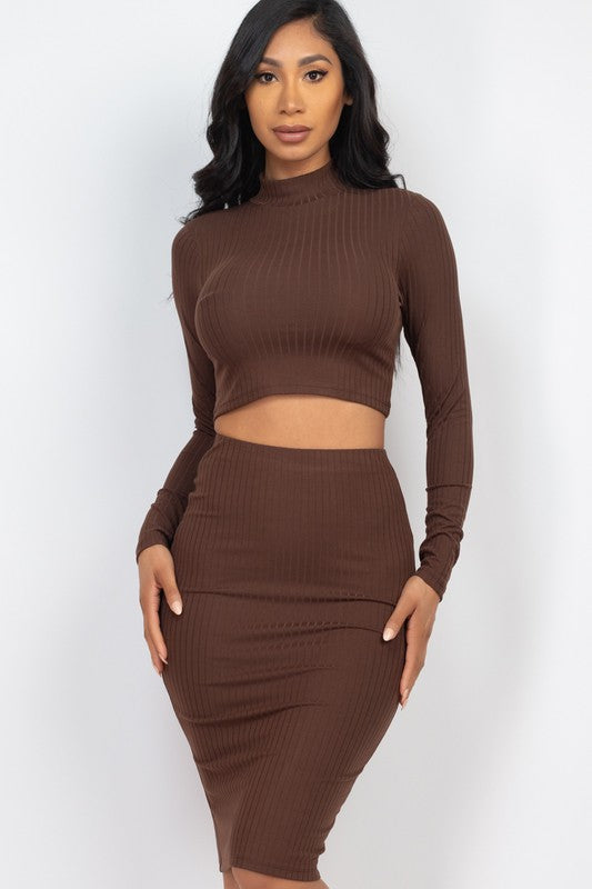 Ribbed Mock Neck Crop Top & Midi Skirt Set