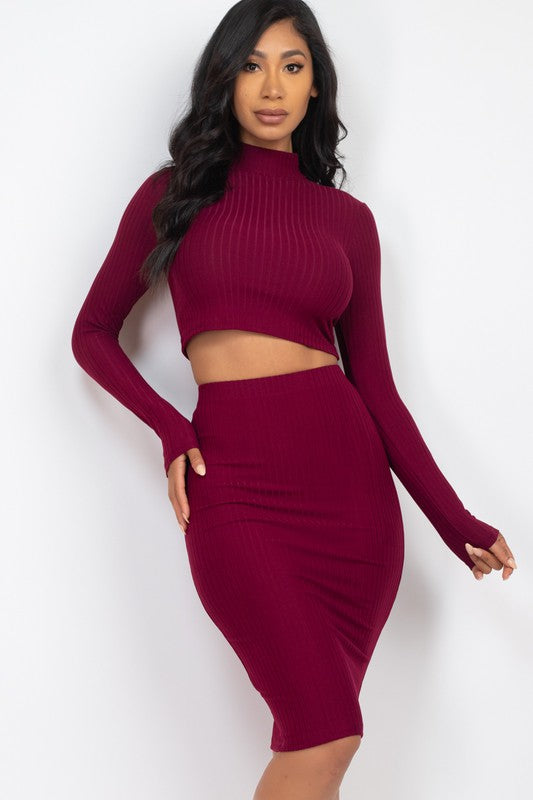 Ribbed Mock Neck Crop Top & Midi Skirt Set