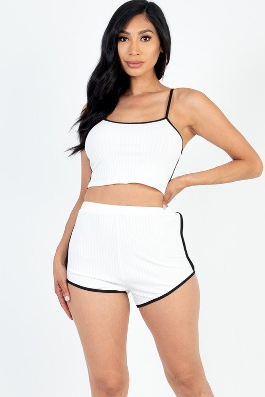 Contrast Trim Crop Vest Cami & Shorts Set