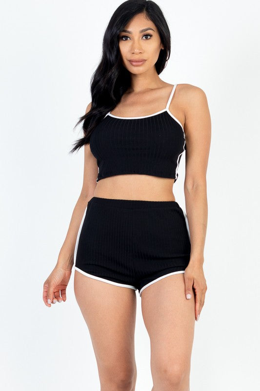 Contrast Trim Crop Vest Cami & Shorts Set