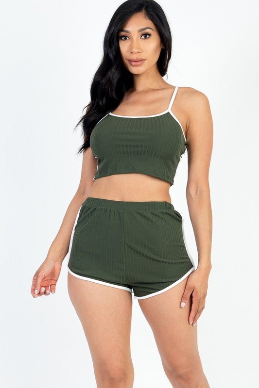 Contrast Trim Crop Vest Cami & Shorts Set