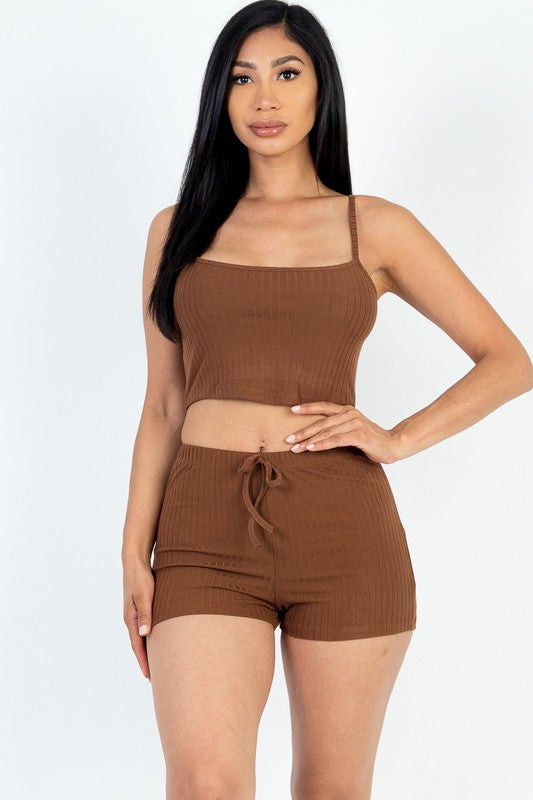 Solid Ribbed Cami Top and Shorts Matching Set