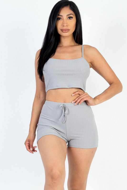 Solid Ribbed Cami Top and Shorts Matching Set