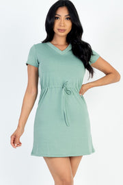 French Terry Drawstring Waist Short Sleeve Dress