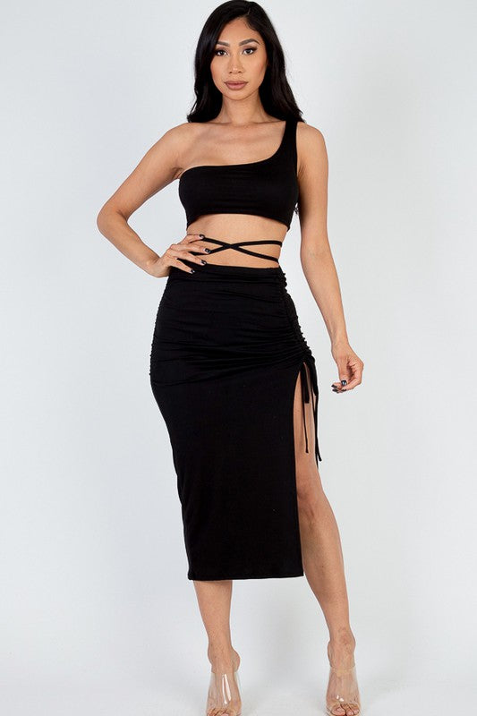 Women's Asymmetric One Shoulder Crop & Side Slit Hem Skirt