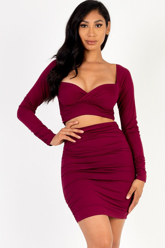 Sweetheart Neck Crop Top & Ruched Skirt Set For Women