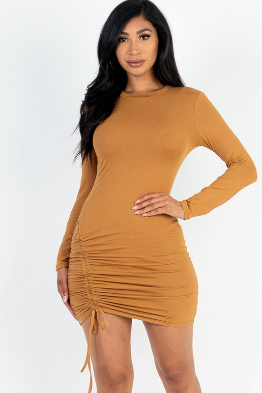 Solid Ruched Drawstring Long Sleeve Bodycon Dress