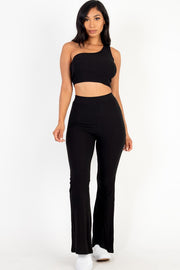 Ribbed One Shoulder Crop Top & Flared Pants Set