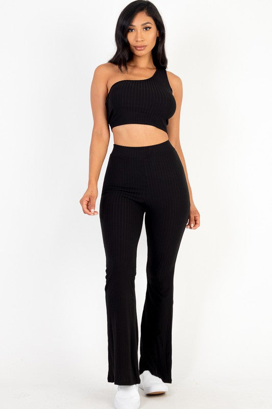 Ribbed One Shoulder Crop Top & Flared Pants Set