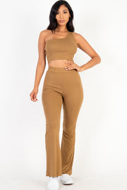 Ribbed One Shoulder Crop Top & Flared Pants Set