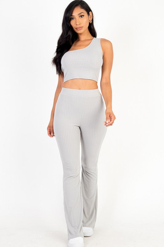 Ribbed One Shoulder Crop Top & Flared Pants Set