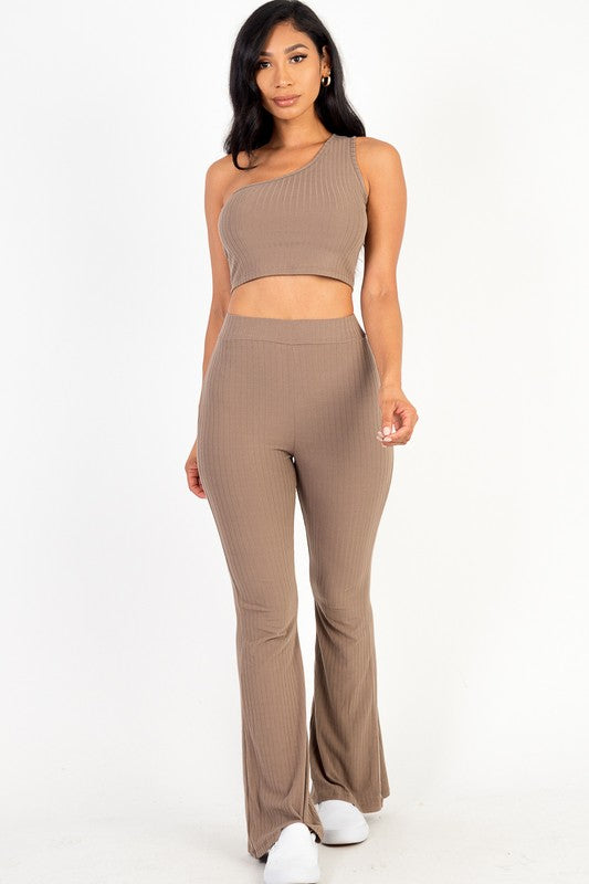 Ribbed One Shoulder Crop Top & Flared Pants Set