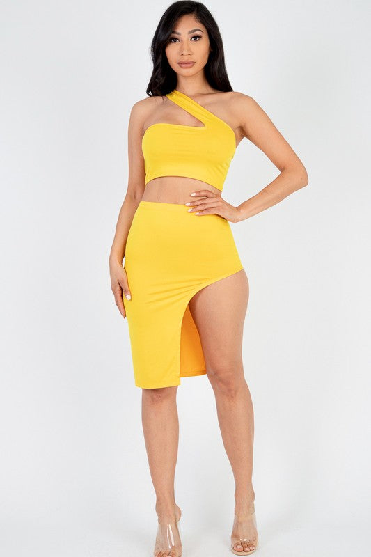 One Shoulder Crop Top & Split Thigh Midi Skirt Set