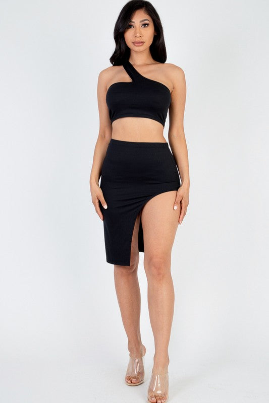 One Shoulder Crop Top & Split Thigh Midi Skirt Set