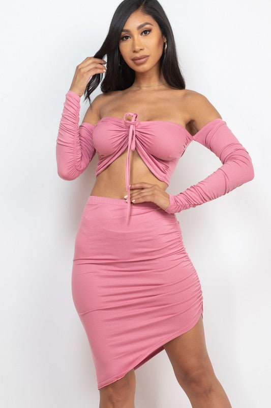 Off Shoulder Crop Top & Ruched Skirt Party Set