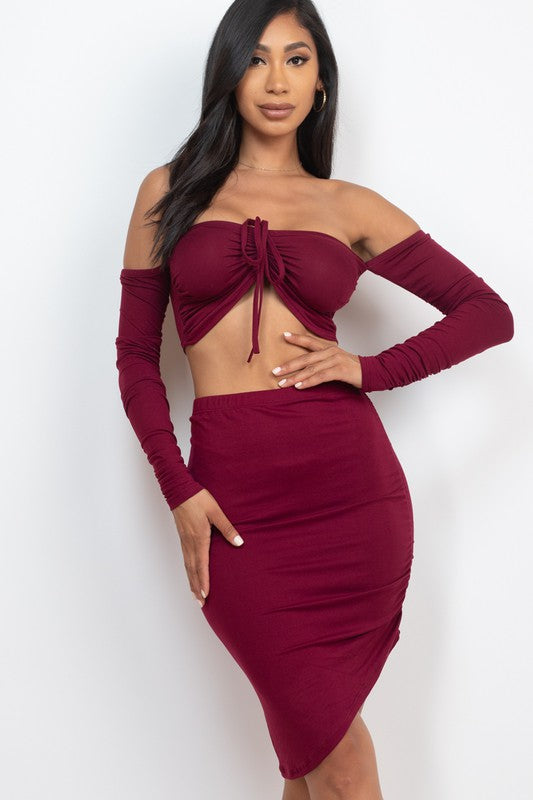 Off Shoulder Crop Top & Ruched Skirt Party Set