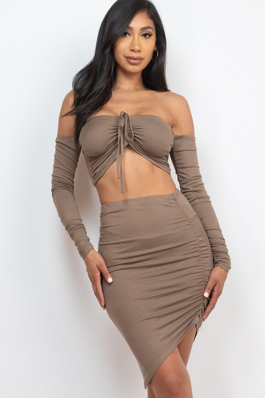 Off Shoulder Crop Top & Ruched Skirt Party Set