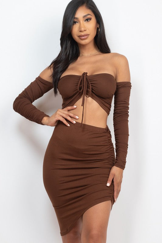 Off Shoulder Crop Top & Ruched Skirt Party Set