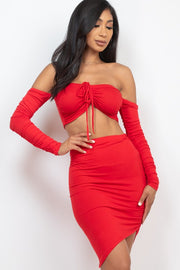 Off Shoulder Crop Top & Ruched Skirt Party Set