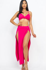 Solid Bra Top and Side Slit Skirt Resort Beach Set