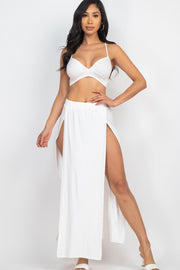 Solid Bra Top and Side Slit Skirt Resort Beach Set