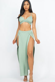 Solid Bra Top and Side Slit Skirt Resort Beach Set