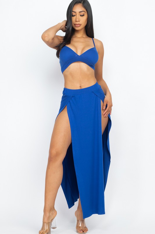 Solid Bra Top and Side Slit Skirt Resort Beach Set