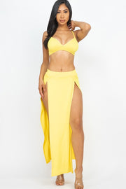 Solid Bra Top and Side Slit Skirt Resort Beach Set