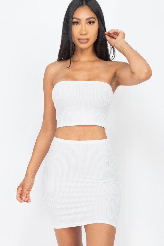 Strapless Ribbed Tube Top and Mini Skirt Sets