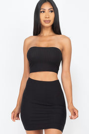 Strapless Ribbed Tube Top and Mini Skirt Sets