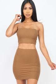 Strapless Ribbed Tube Top and Mini Skirt Sets