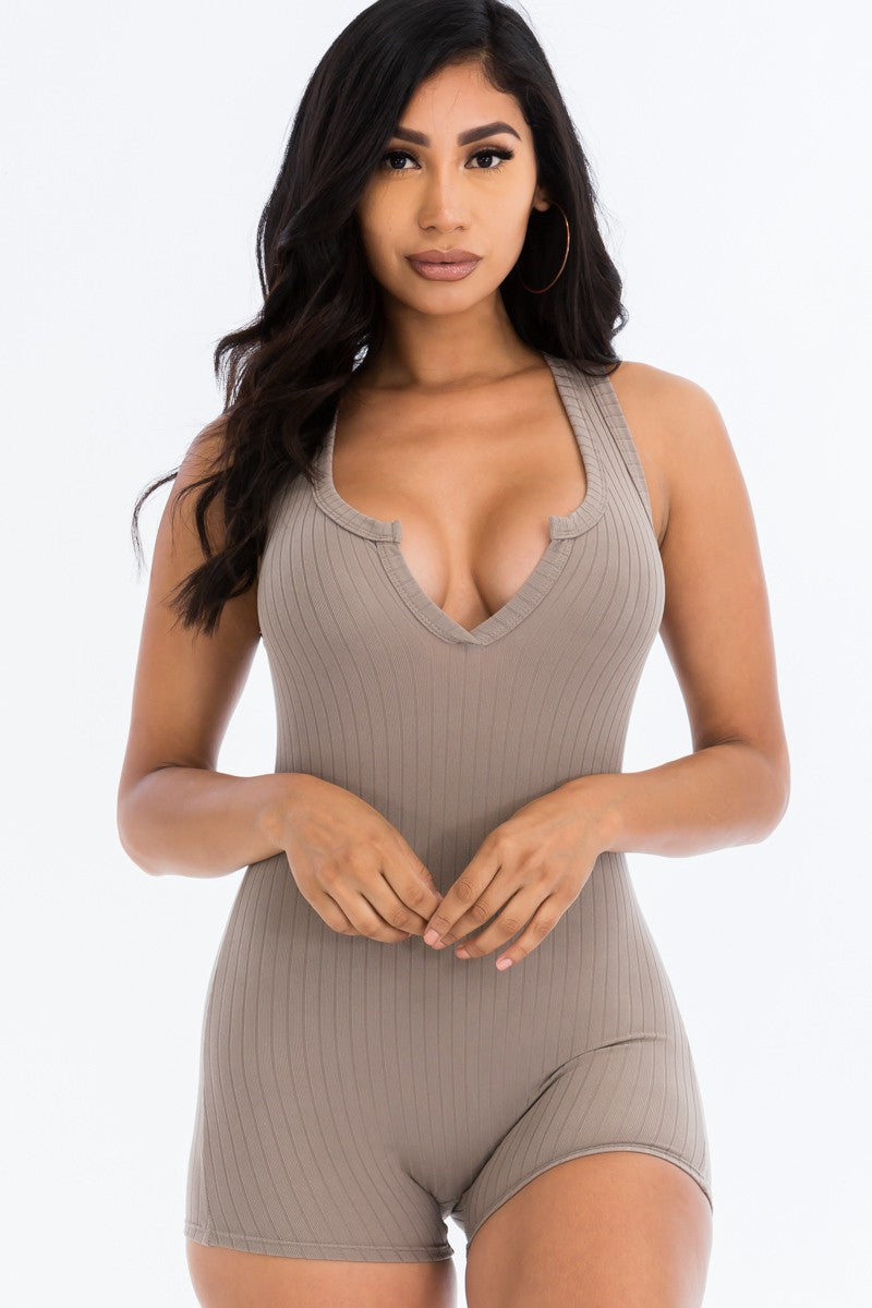 Solid Ribbed Slit Neckline Sleeveless Romper