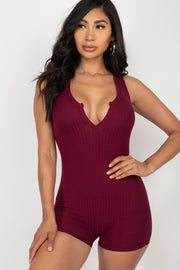 Solid Ribbed Slit Neckline Sleeveless Romper