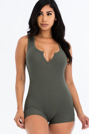 Solid Ribbed Slit Neckline Sleeveless Romper